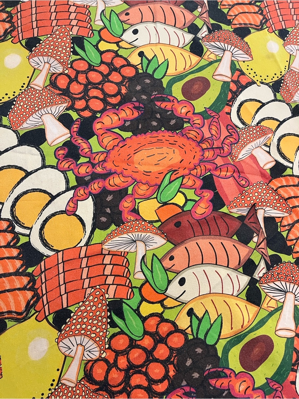 Colorful Seafood & Mushroom Print Fabric Table Cloth Round 66” by Spoon Flower.